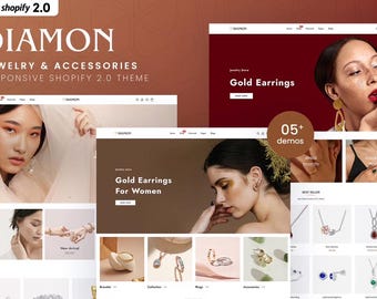 Pode incluir: Uma exibição digital do tema Diamon Shopify 2.0 para joias e acessórios, apresentando várias demonstrações de layout de site, fotografia de produtos de brincos, colares e anéis, e menus de navegação com etiquetas de texto como Gold Earrings.