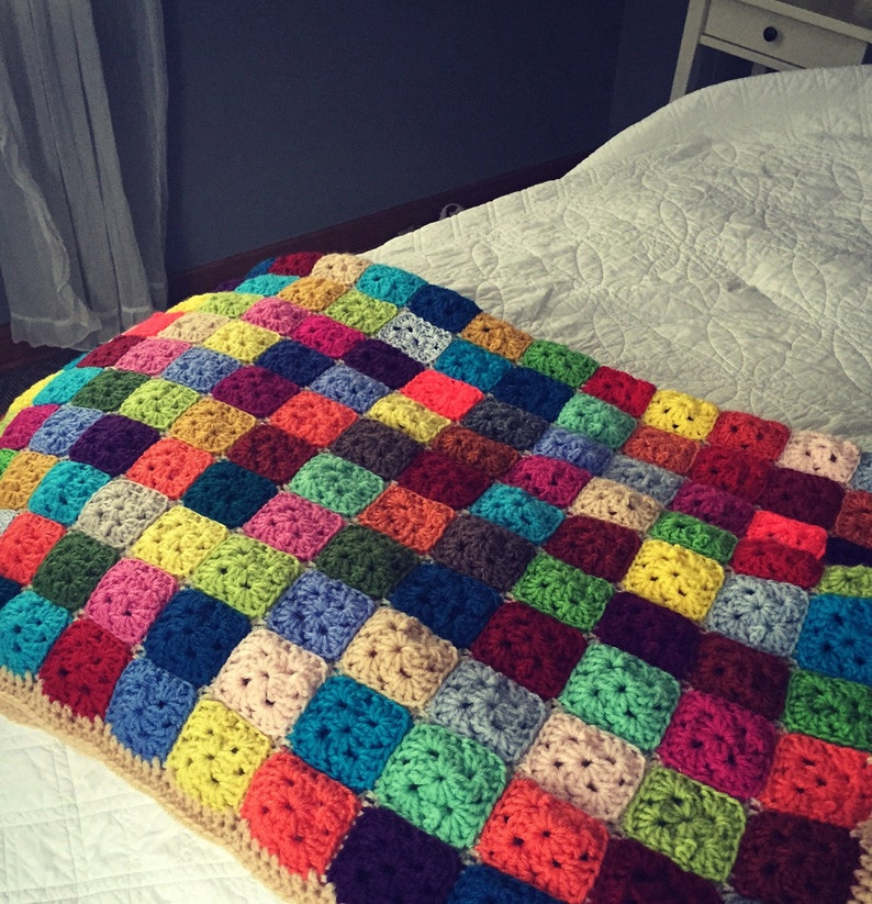 Tiny Squares Granny Square Knit Throw Blanket Bright Etsy