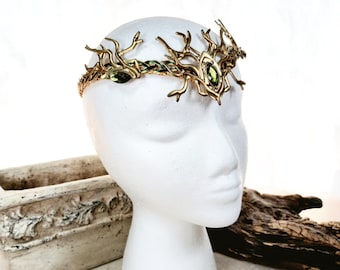 Woodland Stag Crown Circlet in Summer Green and Gold a Royal Solstice Cosplay Headdress for Men or Women