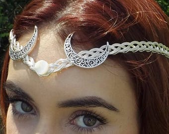 Silver Moon Goddess Circlet, Crown, Tiara Moon with Mother of Pearl. MOP.