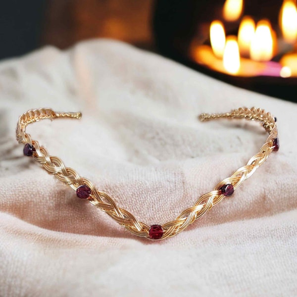 Garnet Bridal Circlet Celtic Weave Headband Crown Gold or Silver