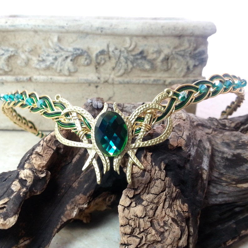 Green Oracle Gem Elven Circlet Tiara Crown Celtic Weave Gold or Silver image 2