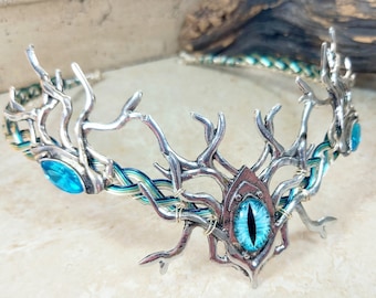 Celtic Winter Crown Circlet in Icy Blue and Silver, a Royal Woodland Cosplay Headdress for Men or Women