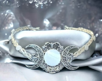 Celtic Triple Moon Circlet Crown with Mother of Pearl Moon and Moonstone Beads