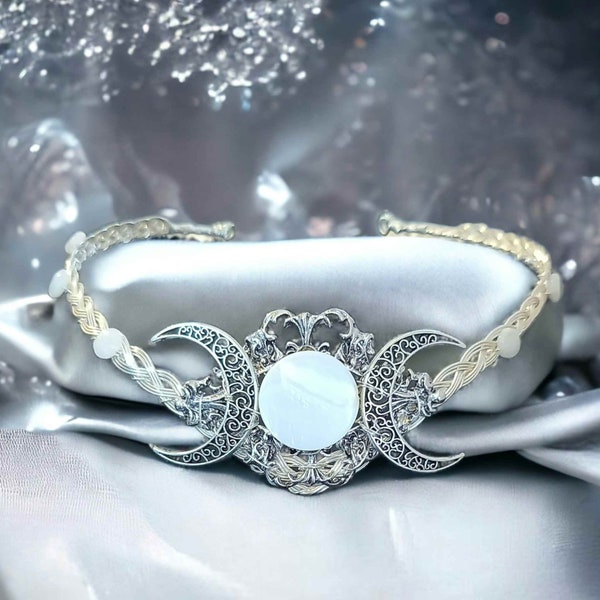 Celtic Triple Moon Circlet Crown with Mother of Pearl Moon and Moonstone Beads