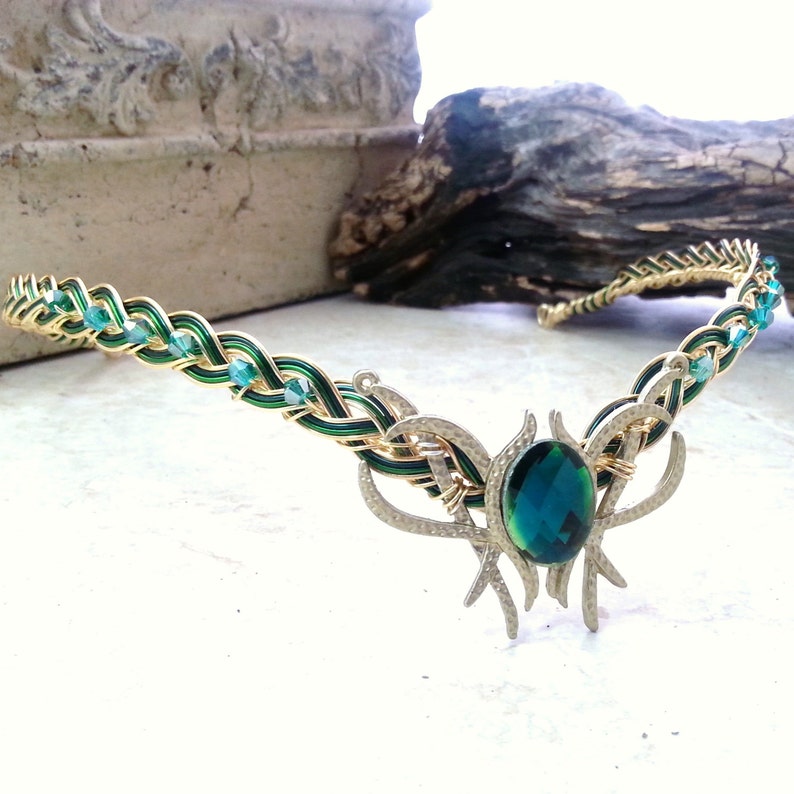 Green Oracle Gem Elven Circlet Tiara Crown Celtic Weave Gold or Silver image 1