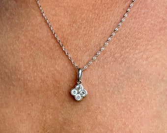 Charming Diamond Clover Pendant, 14KT White Gold Diamond Clover Pendant with Adjustable Chain