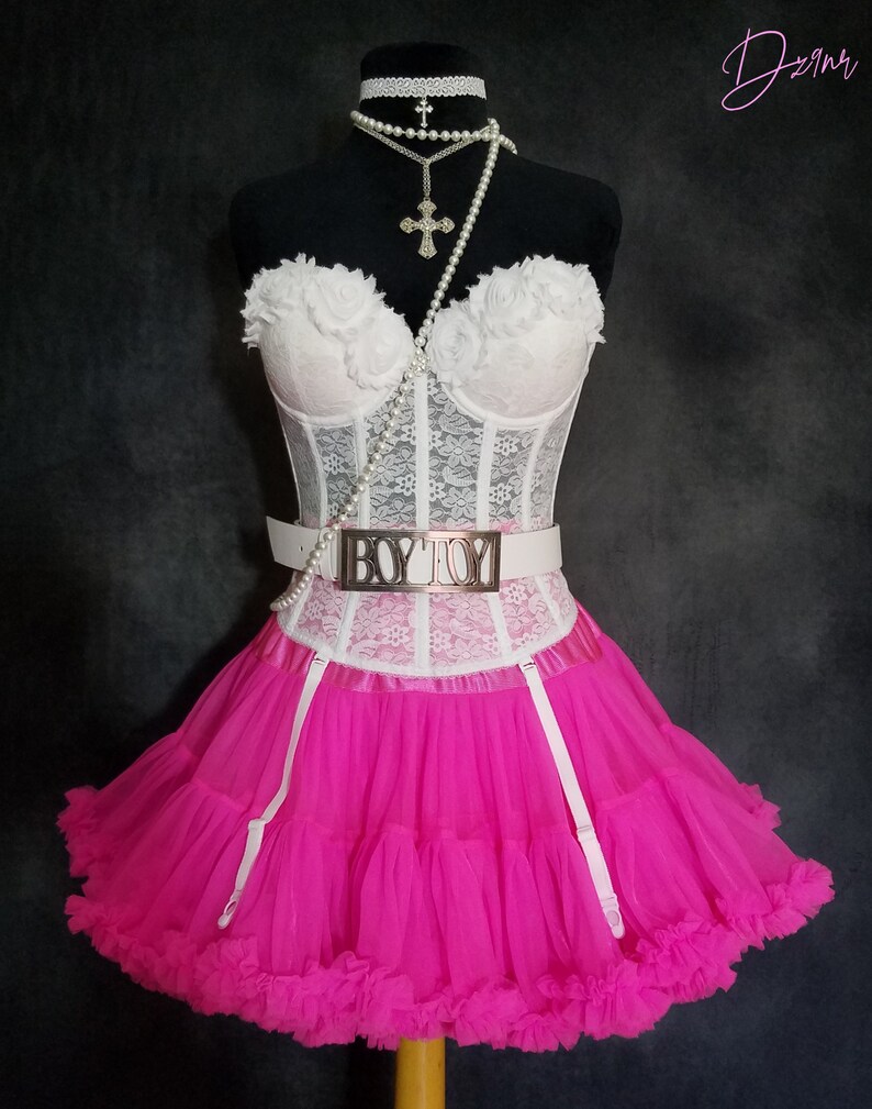 Sexy Cute 80s Prom Dress INCLUDES Accessories- 80s Prom Dress- 80's Madonna Costume- White Lace Corset Hot Pink Pettiskirt- XS, S, M, L, XL