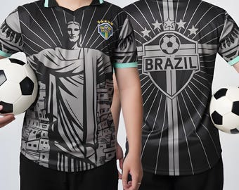 Retro Brazil Soccer Jersey Men, Christ Redeemer Soccer Shirt, Brazil Soccer Jersey for Men, Camisa Brasil V Neck Top, Football Fan Jersey