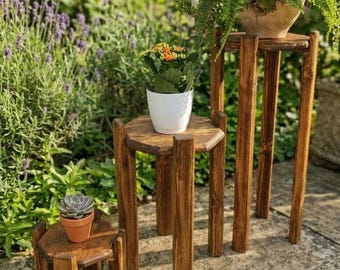 Supporti per piante in legno realizzati a mano, espositori per piante