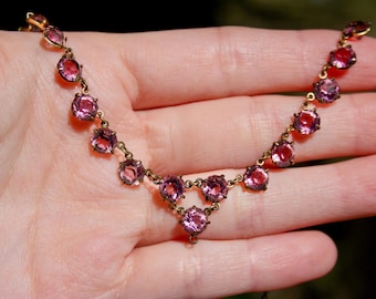 Vintage Art Deco Style Amethyst Paste Crystal Riviere Necklace, 1970s Brass Pendant Flapper Style