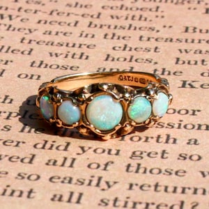 9ct Gold Vintage Opal Victorian Style Ring Size K 1/2 / Size 5 1/2 • Engagement Ring Five Stone Rainbow Opal 9k Yellow Gold Jelly Opal Gift•