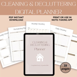 May include: A digital planner for cleaning and decluttering your home. The planner includes sections for weekly chores, decluttering plans, monthly cleaning, daily cleaning, and maintenance. The planner is available as a PDF instant download and can be printed or used in a note-taking app. The planner has 33 pages.