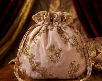 Gold Zardozi Embroidered Potli Bag, Indian Wedding Favor