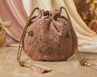 Dusty Rose Zardozi Potli Bag, Beaded Bridal Evening Clutch