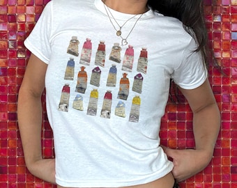 Paint Tubes Baby Tee, Y2K top, graphic tee, artist shirt, painter shirt, gildan 5000b