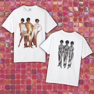 Diana Ross and The Supremes T-shirt med grafisk design | Dubbelsidig T-shirt med grafisk design | Soulmusik T-shirt | 60-tals Motown-tröja | Retromusiktopp, musikmerchandise
