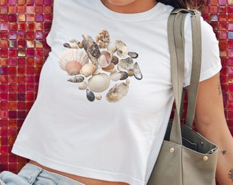 Vintage Seashell baby-T-shirt, strand esthetisch grafisch T-shirt, zeemeerminshirt, Gildan 5000b, volwassen baby-T-shirt, y2k top, oceaan grafisch T-shirt
