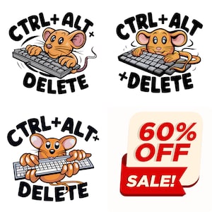 Puede incluir: Cuatro imágenes de dibujos animados con un ratón naranja con un teclado y las palabras "CTRL+ALT+DELETE". También se muestra una pancarta roja y blanca con el texto "60% OFF SALE!"