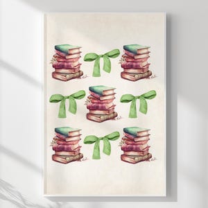 May include: A vertical rectangular art print on a cream background featuring a repeating pattern of five stacks of books and four sage green bows. Each stack consists of four books in shades of teal, pink, and brown, arranged in a grid layout.