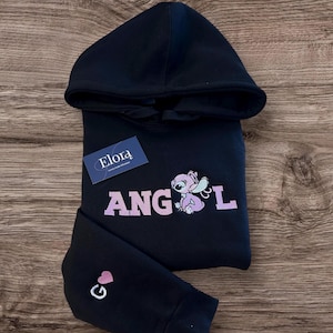 Stitch And Angel Embroidered crewneck & hoodies couple set , Stitch Embroidery , Couple Gifts , valentinegifts, giftsforhim, giftsforhim.