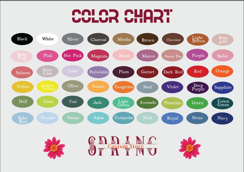Op de afbeelding: Kleurenkaart met 72 verschillende kleurstalen in ovale vormen. De kleuren zijn gerangschikt in rijen en kolommen. De kaart is bovenaan met "COLOR CHART" gelabeld. Onderaan de kaart staat de tekst "SPRING Custom Store" in een decoratief lettertype.