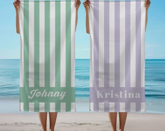 Toalla de playa a rayas personalizada: Toalla de terciopelo con nombre personalizado