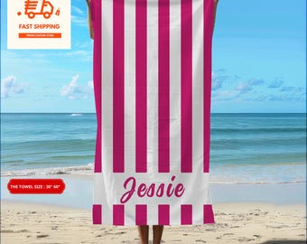 Toalla de playa a rayas personalizada: terciopelo con tacto de seda, nombre personalizado