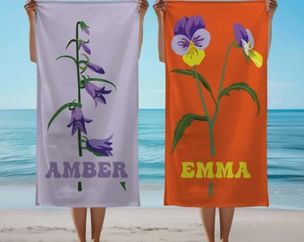 Toalla de playa personalizada con flores, regalo personalizado para el Día de la Madre con flores retro, toalla de piscina para jardín, regalo de vacaciones para mamá, toalla de regalo de verano para equipos.