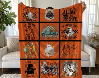 Manta espeluznante de Halloween: manta retro de calabaza, fantasma y esqueleto