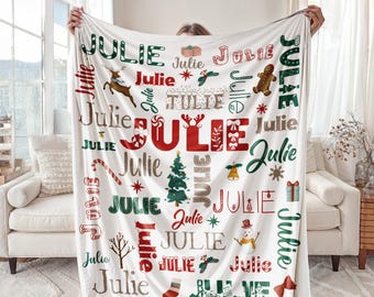 Manta personalizada con nombre y tipografía navideña, manta navideña con nombre, regalo navideño personalizado para bebés y niños, manta para el equipo escolar