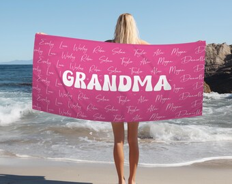 Toalla de playa personalizada para abuela: nombres de familia personalizados, terciopelo suave