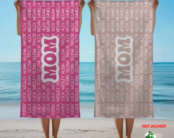 Toalla de playa personalizada para el Día de la Madre: Nombres de familia personalizados (76 x 152 cm)