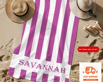 Toalla de playa personalizada a rayas: nombre personalizado, toalla de piscina retro