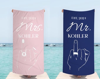 Personalized Couple Beach Towel: Honeymoon Gift, Ring Finger Design