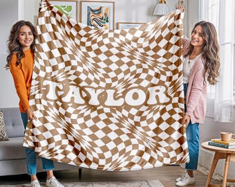 Manta a cuadros personalizada: manta con nombre personalizado, estilo retro