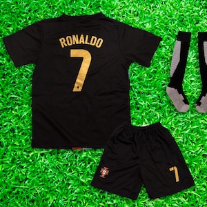 Ronaldo #7 Home Edition Black Costume Kids 2024/2025 Soccer Fans Jersey Set Jersey & Shorts with Socks for Boys Girls Youth Sizes