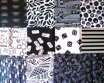 9" Square Pack 35 DIFFERENT Black White Novelty Fabrics No Duplications