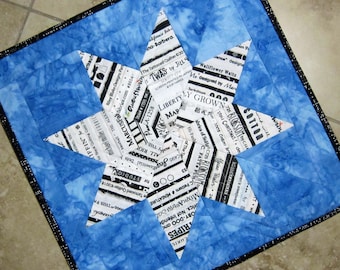 SELVAGE STAR on Blue Mini Quilt Wonderful Gift for the Fabric Lover Made with Fabric Selvages Recycled trash to treasure