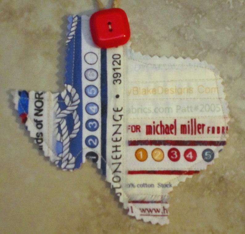 TEXAS Selvage Silhouette ORNAMENTS from Quilts by Elena Red White Blue State Outline Selvages Set of 2