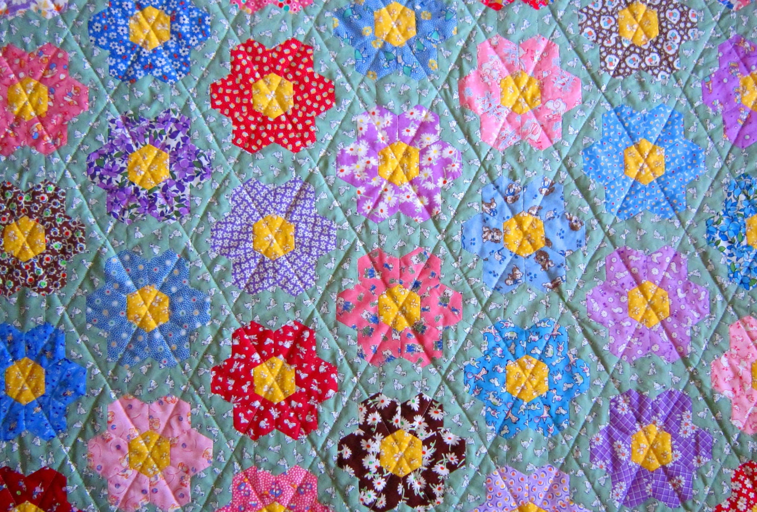 Grandmas Flower Garden Hand Pieced Hexagon Quilt from ...