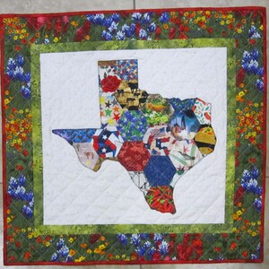 May include: A quilted wall hanging featuring the outline of the state of Texas. The interior is a patchwork of various patterned fabrics. The border is a floral pattern with red, blue, and yellow flowers. The quilt is approximately 24 inches square.