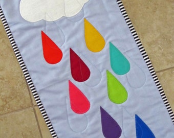 RAIN CLOUDS Mini Quilt from Quilts by Elena  Wall Hanging rainbow colored raindrops