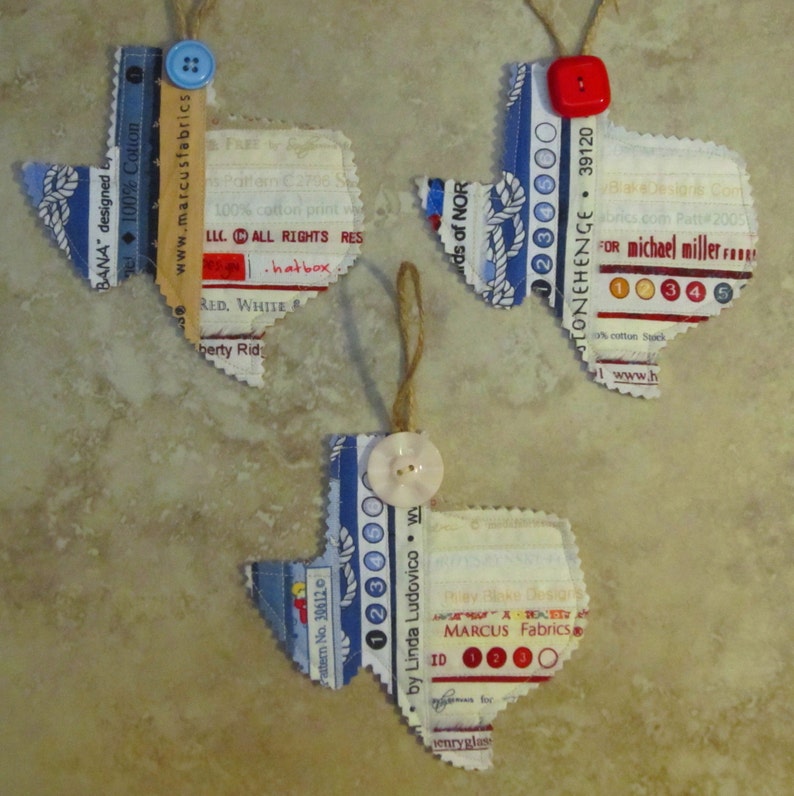 TEXAS Selvage Silhouette ORNAMENTS from Quilts by Elena Red White Blue State Outline Selvages Set of 2