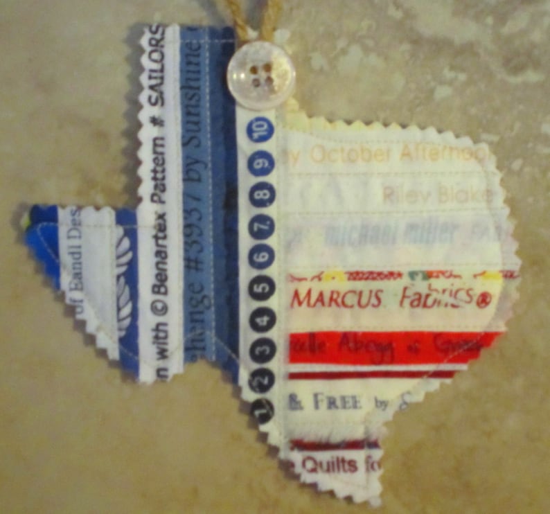 TEXAS Selvage Silhouette ORNAMENTS from Quilts by Elena Red White Blue State Outline Selvages Set of 2