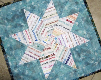 SELVAGE STAR on Blue Mini Quilt Wonderful Gift for the Fabric Lover Made with Fabric Selvages Recycled trash to treasure