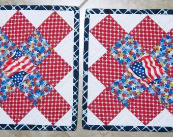 Set of 2 RED WHITE BLUE Patriotic Hot Pads Mug Rugs from Quilts by Elena