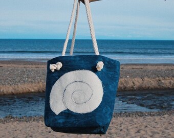 Rope Handled, Hand dyed, Shoulder bag, Beach bag, Hand-made shoulder bag, Shell motif, Seaside tote, Organic canvas, Lined, Inside pocket