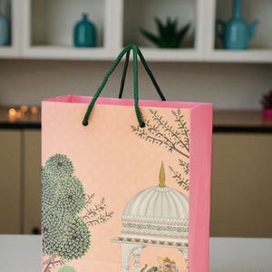 Indian Gift Bag – Peacock Elephant Pichwai Art | Return Favors for Baby Shower, Pooja, Diwali, Housewarming | 10x8x4" Thick Matte Bag