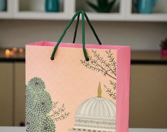 Indian Gift Bag – Peacock Elephant Pichwai Art | Return Favors for Baby Shower, Pooja, Diwali, Housewarming | 10x8x4" Thick Matte Bag
